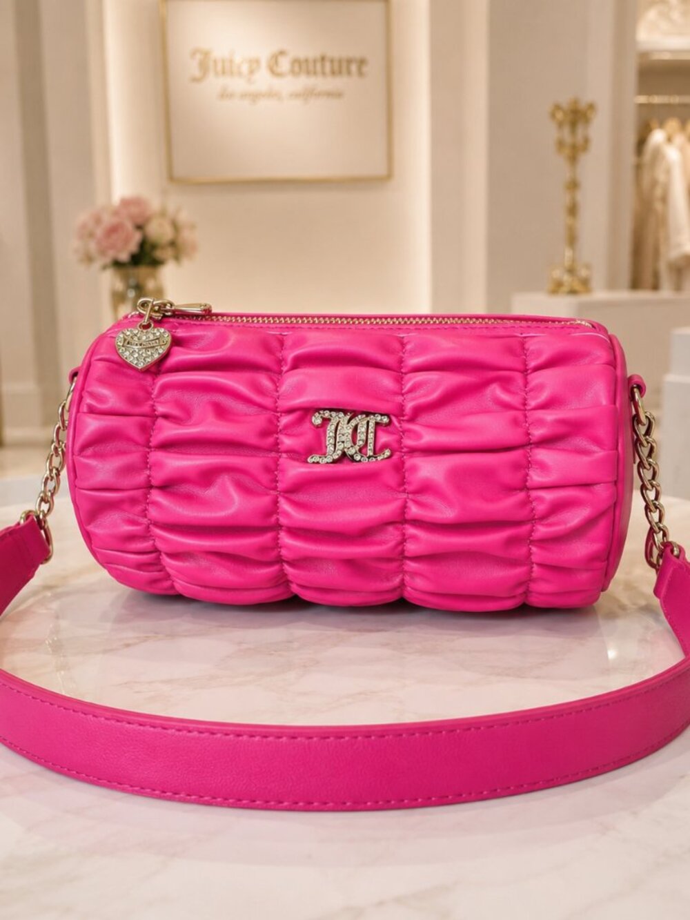 Juicy Couture Run the World Pink Flash Ruched Barrel Shoulder Bag NWT